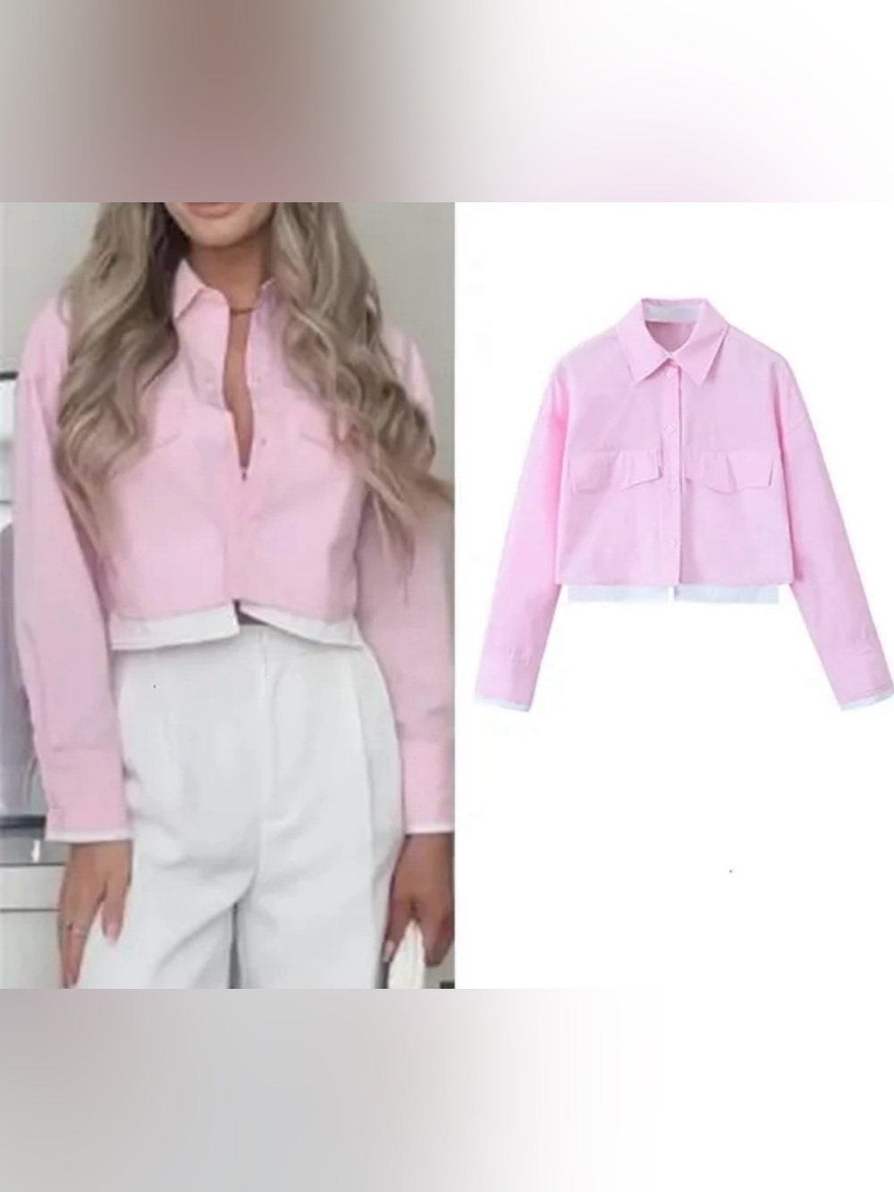 Zara cropped button up pink blouse